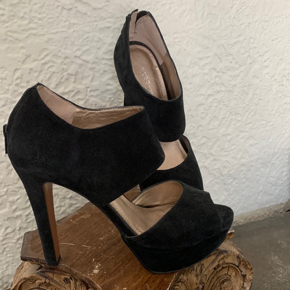 Black BCBG Helara Suede Open Peep Toe Strap Platform Heel Zip D’ Orsay Shoe 7M